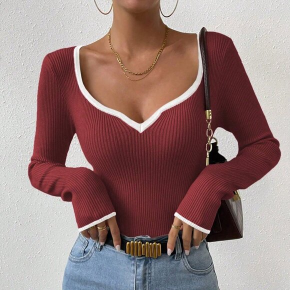 Red Casual Women's Contrast Trim Sweetheart Neck Fitted Long Sleeve Sweater - Picture 1 of 6